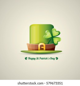 vector happy saint patrick's day poster with green hat and lucky clover isolated on background.  vector vintage leprechaun green glossy hat label 