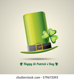 vector happy saint patrick's day poster with green hat and lucky clover isolated on background.  vector vintage leprechaun green glossy hat label 