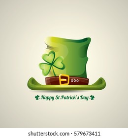 vector happy saint patrick's day poster with green hat and lucky clover isolated on background.  vector vintage leprechaun green glossy hat label 