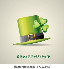 vector happy saint patrick's day poster with green hat and lucky clover isolated on background.  vector vintage leprechaun green glossy hat label 