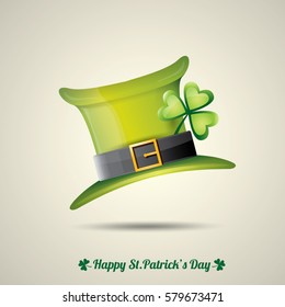 vector happy saint patrick's day poster with green hat and lucky clover isolated on background.  vector vintage leprechaun green glossy hat label 