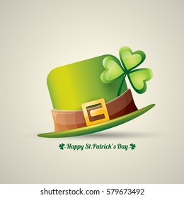 vector happy saint patrick's day poster with green hat and lucky clover isolated on background.  vector vintage leprechaun green glossy hat label 