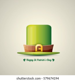 vector happy saint patrick's day poster with green glossy hat isolated on background.  vector vintage leprechaun green cartoon hat label 