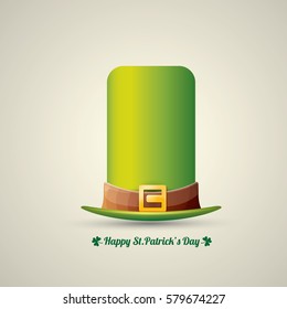 vector happy saint patrick's day poster with green glossy hat isolated on background.  vector vintage leprechaun green cartoon hat label 