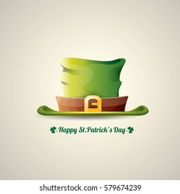 vector happy saint patrick's day poster with green glossy hat isolated on background.  vector vintage leprechaun green cartoon hat label 