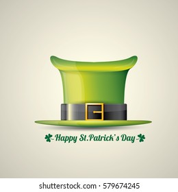 vector happy saint patrick's day poster with green glossy hat isolated on background.  vector vintage leprechaun green cartoon hat label 