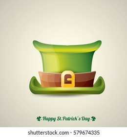 vector happy saint patrick's day poster with green glossy hat isolated on background.  vector vintage leprechaun green cartoon hat label 