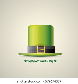 vector happy saint patrick's day poster with green glossy hat isolated on background.  vector vintage leprechaun green cartoon hat label 