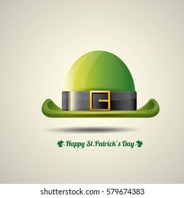 vector happy saint patrick's day poster with green glossy hat isolated on background.  vector vintage leprechaun green cartoon hat label 