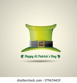 vector happy saint patrick's day poster with green glossy hat isolated on background.  vector vintage leprechaun green cartoon hat label 