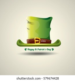 vector happy saint patrick's day poster with green glossy hat isolated on background.  vector vintage leprechaun green cartoon hat label 