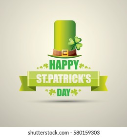 vector happy saint patrick's day label or poster with green hat, lucky clovers and vintage ribbon isolated on background. vector vintage leprechaun green glossy hat icon