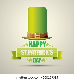vector happy saint patrick's day label or poster with green hat, lucky clovers and vintage ribbon isolated on background. vector vintage leprechaun green glossy hat icon