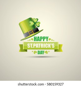 Vektor-Happy-Patrick's Day-Label oder Poster mit grünem Hut, Glück Klee und Vintage-Band einzeln auf Hintergrund. Vintage-Kobold-Glossar-Hut-Symbol