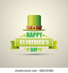 vector happy saint patrick's day label or poster with green hat, lucky clovers and vintage ribbon isolated on background. vector vintage leprechaun green glossy hat icon