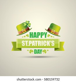 vector happy saint patrick's day label or poster with green hat, lucky clovers and vintage ribbon isolated on background. vector vintage leprechaun green glossy hat icon