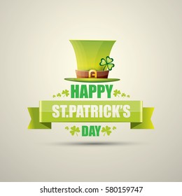 vector happy saint patrick's day label or poster with green hat, lucky clovers and vintage ribbon isolated on background. vector vintage leprechaun green glossy hat icon