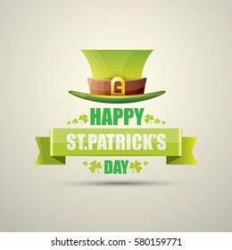 vector happy saint patrick's day label or poster with green hat, lucky clovers and vintage ribbon isolated on background. vector vintage leprechaun green glossy hat icon