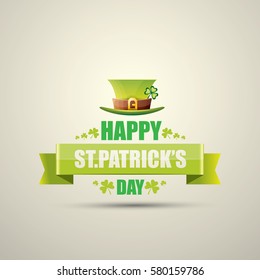 vector happy saint patrick's day label or poster with green hat, lucky clovers and vintage ribbon isolated on background. vector vintage leprechaun green glossy hat icon