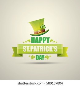 vector happy saint patrick's day label or poster with green hat, lucky clovers and vintage ribbon isolated on background. vector vintage leprechaun green glossy hat icon
