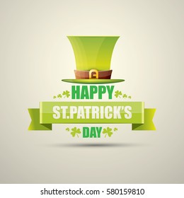 vector happy saint patrick's day label or poster with green hat, lucky clovers and vintage ribbon isolated on background. vector vintage leprechaun green glossy hat icon