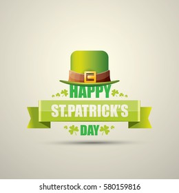 vector happy saint patrick's day label or poster with green hat, lucky clovers and vintage ribbon isolated on background. vector vintage leprechaun green glossy hat icon