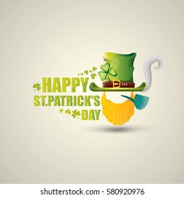 vector happy saint patricks day label with leprechaun, green hat, red beard and smoking pipe. saint patrick day poster or banner design template