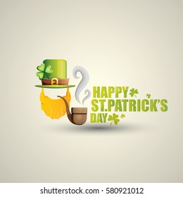 vector happy saint patricks day label with leprechaun, green hat, red beard and smoking pipe. saint patrick day poster or banner design template