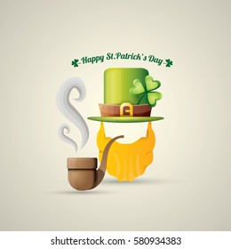 vector happy saint patricks day label with leprechaun, green hat, red beard and smoking pipe. saint patrick day poster or banner design template