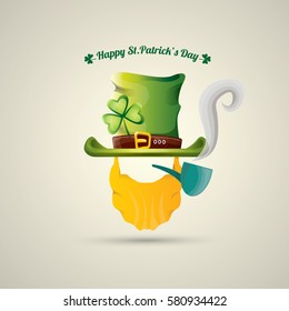 vector happy saint patricks day label with leprechaun, green hat, red beard and smoking pipe. saint patrick day poster or banner design template