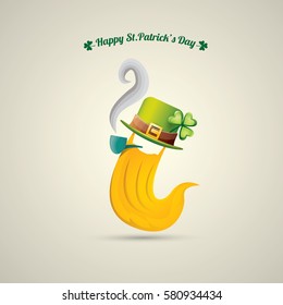 vector happy saint patricks day label with leprechaun, green hat, red beard and smoking pipe. saint patrick day poster or banner design template