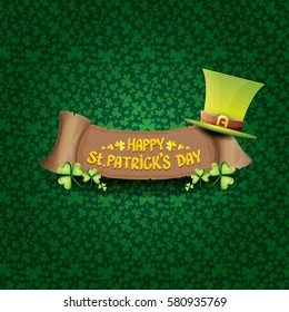 vector happy saint patrick's day label or poster with green hat, lucky clovers and vintage ribbon isolated on green pattern background. vector saint patriks day banner or greeting card