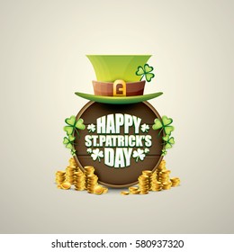 vector happy saint patrick's day label or poster with green hat, lucky clovers and vintage wooden board isolated on background. vector saint patrick's day banner 