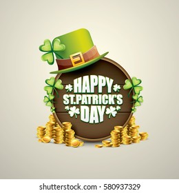 vector happy saint patrick's day label or poster with green hat, lucky clovers and vintage wooden board isolated on background. vector saint patrick's day banner 