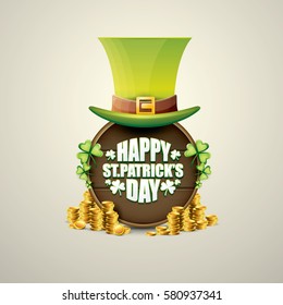 vector happy saint patrick's day label or poster with green hat, lucky clovers and vintage wooden board isolated on background. vector saint patrick's day banner 