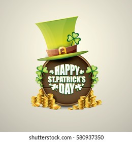 vector happy saint patrick's day label or poster with green hat, lucky clovers and vintage wooden board isolated on background. vector saint patrick's day banner 