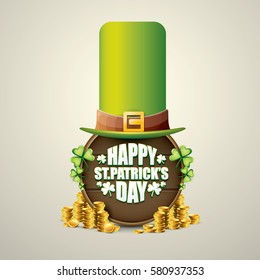 vector happy saint patrick's day label or poster with green hat, lucky clovers and vintage wooden board isolated on background. vector saint patrick's day banner 