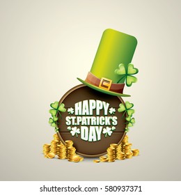 vector happy saint patrick's day label or poster with green hat, lucky clovers and vintage wooden board isolated on background. vector saint patrick's day banner 