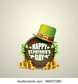 vector happy saint patrick's day label or poster with green hat, lucky clovers and vintage wooden board isolated on background. vector saint patrick's day banner 