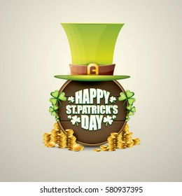vector happy saint patrick's day label or poster with green hat, lucky clovers and vintage wooden board isolated on background. vector saint patrick's day banner 