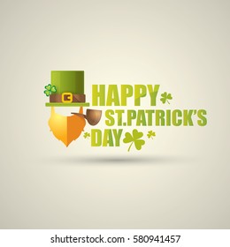 vector happy saint patricks day label with leprechaun, green hat, red beard and smoking pipe. saint patrick day poster or banner design template