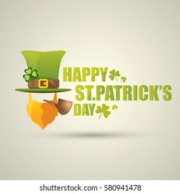 vector happy saint patricks day label with leprechaun, green hat, red beard and smoking pipe. saint patrick day poster or banner design template