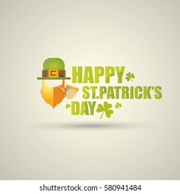 vector happy saint patricks day label with leprechaun, green hat, red beard and smoking pipe. saint patrick day poster or banner design template