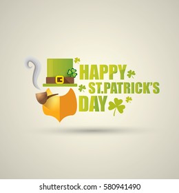 vector happy saint patricks day label with leprechaun, green hat, red beard and smoking pipe. saint patrick day poster or banner design template