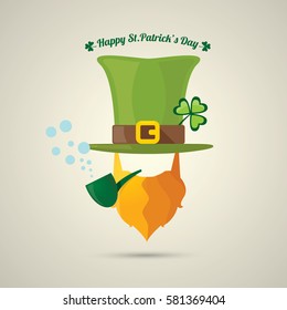 vector happy saint patricks day label with leprechaun, green hat, red beard and smoking pipe. saint patrick day poster or banner design template