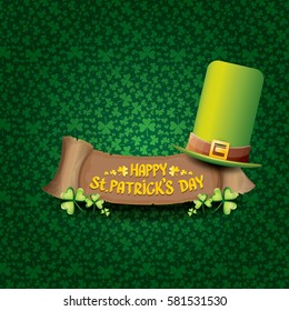 vector happy saint patrick's day label or poster with green hat, lucky clovers and vintage ribbon isolated on green pattern background. vector saint patriks day banner or greeting card
