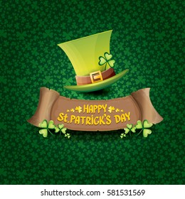 vector happy saint patrick's day label or poster with green hat, lucky clovers and vintage ribbon isolated on green pattern background. vector saint patriks day banner or greeting card