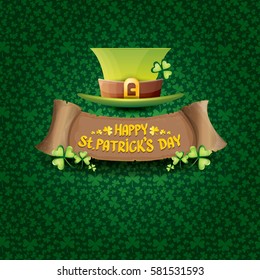 vector happy saint patrick's day label or poster with green hat, lucky clovers and vintage ribbon isolated on green pattern background. vector saint patriks day banner or greeting card