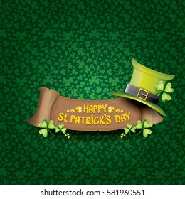vector happy saint patrick's day label or poster with green hat, lucky clovers and vintage ribbon isolated on green pattern background. vector saint patriks day banner or greeting card