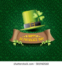 vector happy saint patrick's day label or poster with green hat, lucky clovers and vintage ribbon isolated on green pattern background. vector saint patriks day banner or greeting card